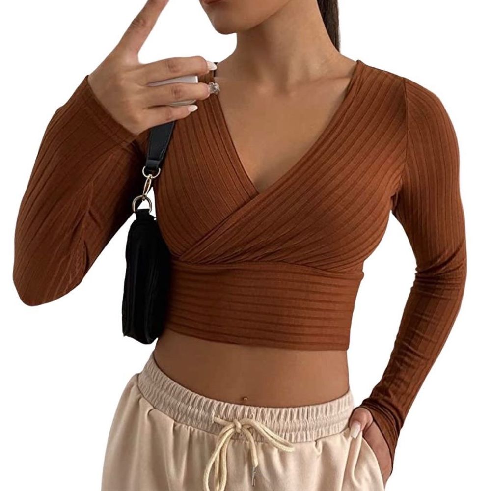 Long Sleeve T Shirt Surplice Neck Rib-Knit Crop Tee Basic Tops Blouse Summer Cas